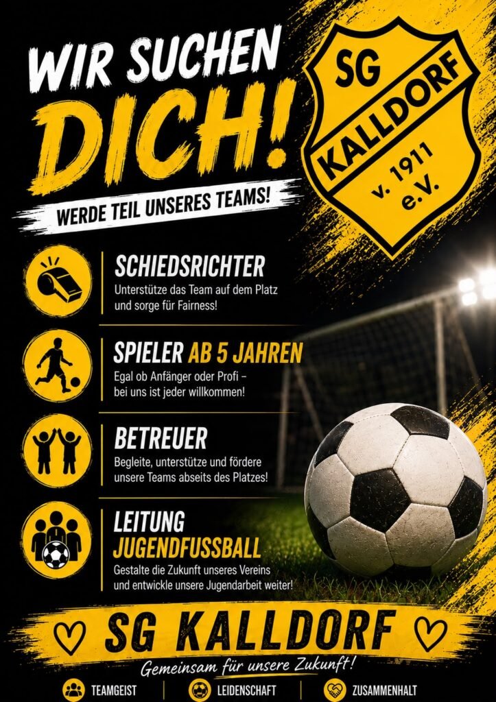Schiedsrichter, Spieler ab 5 Jahren, Betreuer und Leitung Jugendfußball bei der SG Kalldorf gesucht